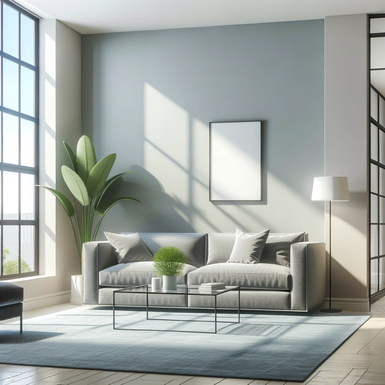 Photo of a modern living room with minimalist design, showcasing a gray sofa, a glass coffee table, and large windows letting in natural light. The wa.png