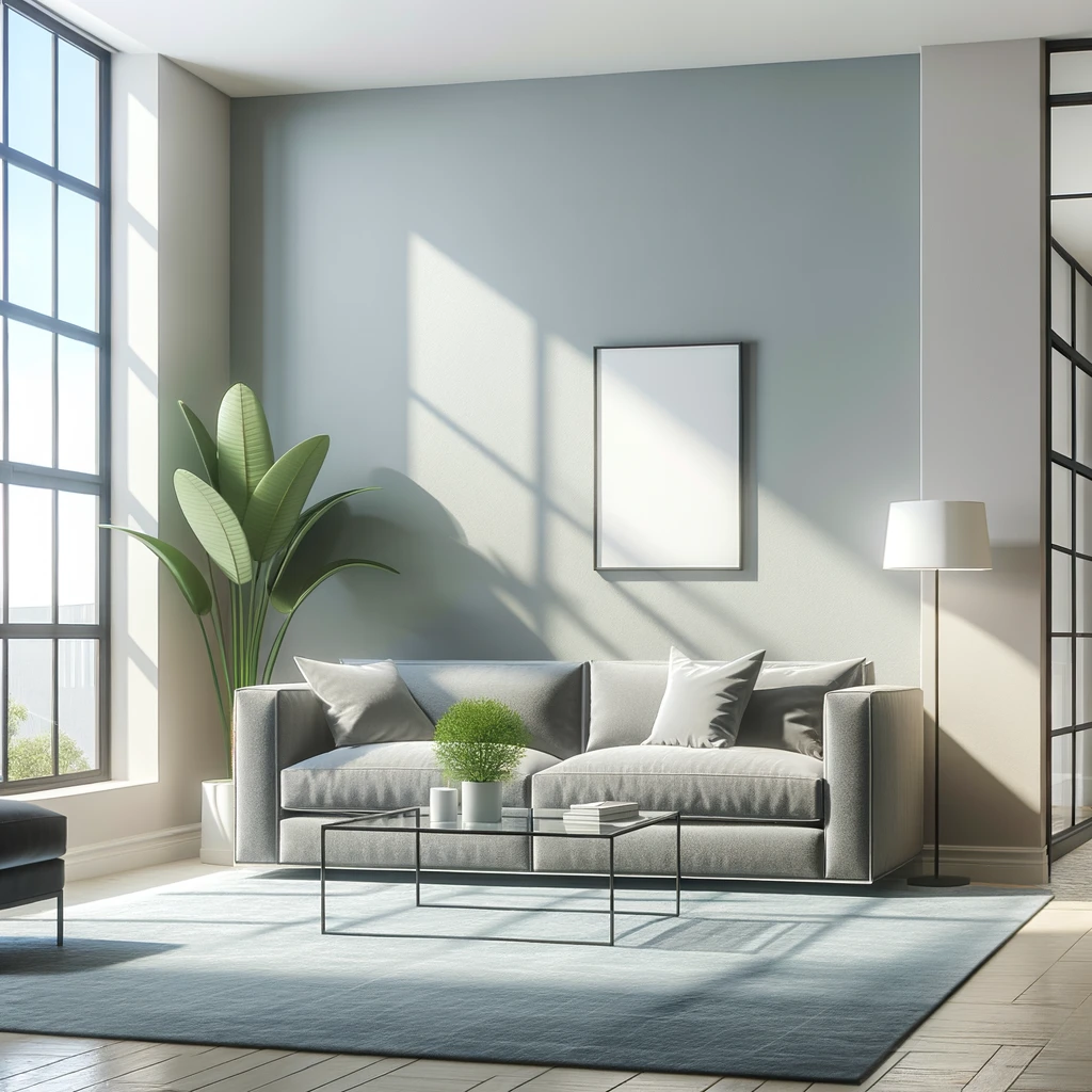 Photo of a modern living room with minimalist design, showcasing a gray sofa, a glass coffee table, and large windows letting in natural light. The wa.png